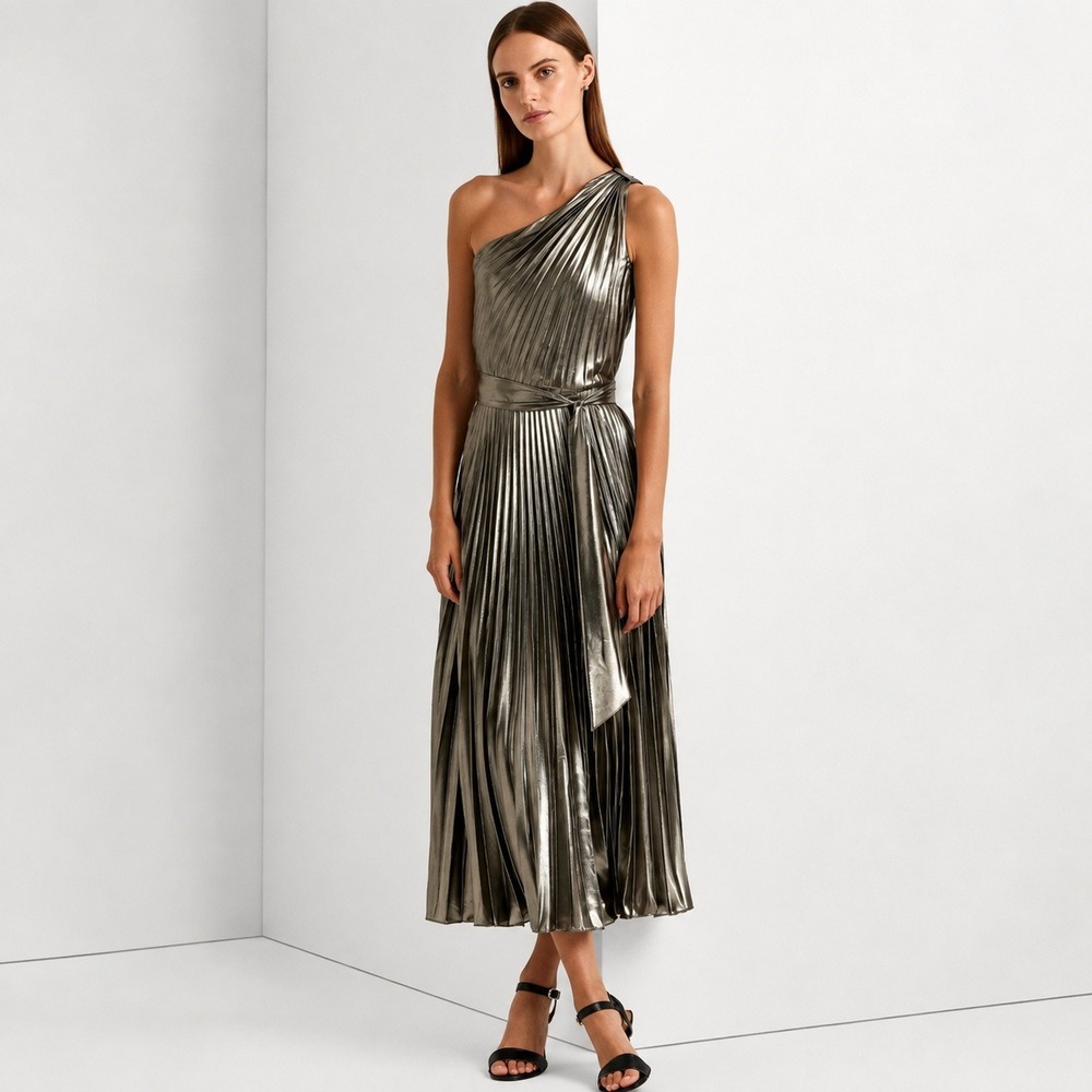 Lauren Ralph Lauren Metallic Chiffon One-Shoulder Gown 14 Gunmetal Silver Glam